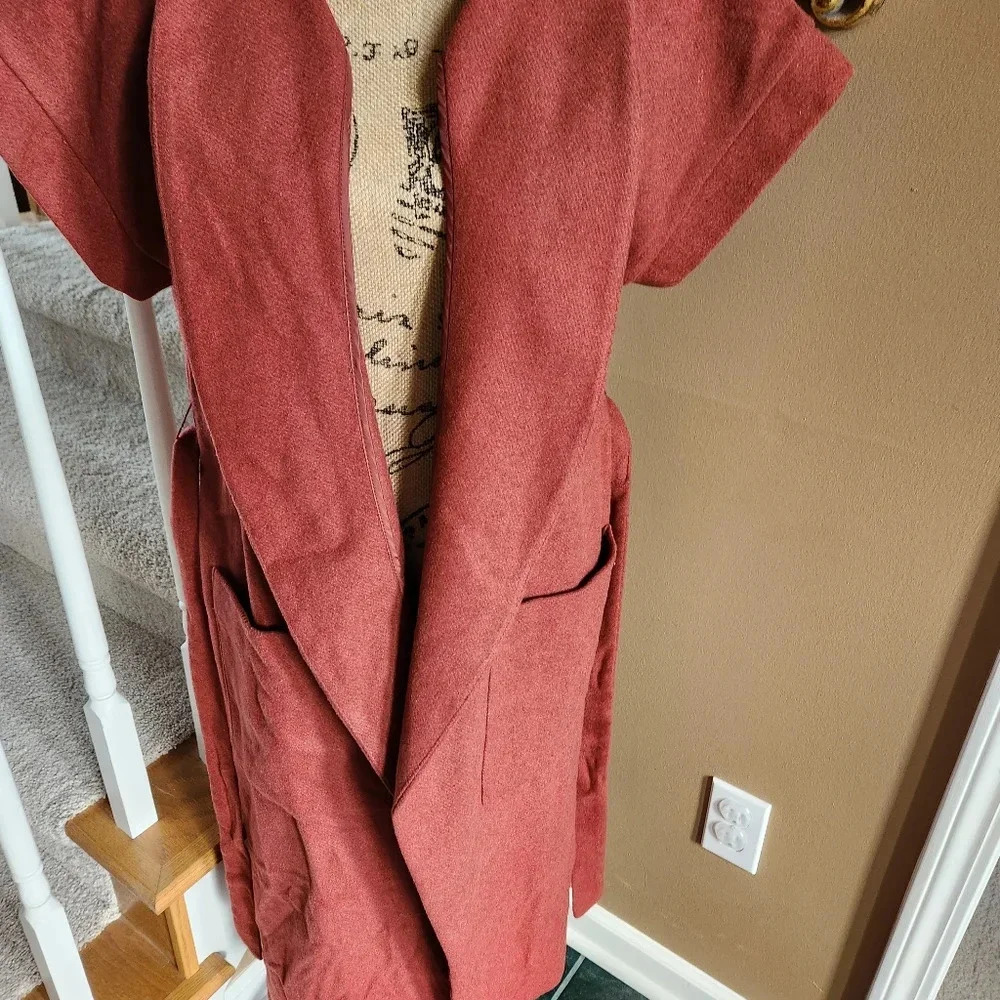 NWT Petite Medium Copper Red Tie Pea Coat With Pockets by Worthington - Picture 4 of 10